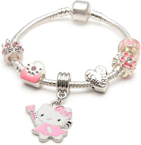 Liberty Charms Best Friend Childrens 'Pink Hello Kitty Glamour' Silver Plated Charm/Bead Bracelet. With Gift Box and Pouch. Girls Birthday Gift/ Present/ Stocking Filler 16 cm(Other sizes available)