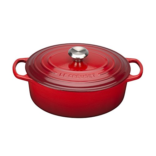 Le Creuset, Cocotte Signature en Fonte Émaillée avec Couvercle, Ø 27 cm, Ovale, Compatible avec Toutes Sources de Chaleur (Induction Incluse), Capacité :4.1 L, 4.425 kg, Cerise