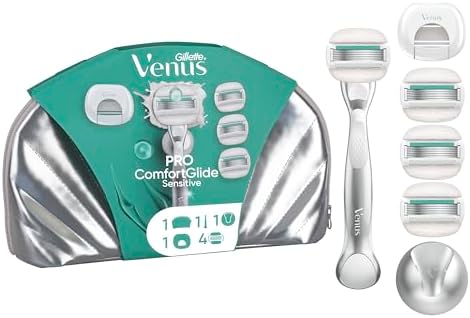 Gillette Venus Pro ComfortGlide Sensitive Rasoio Da Donna Con Un Tocco Di Aloe, 4 Lamette da Donna Di Ricambio Gillette Venus, Manico In Metallo Riutilizzabile E Gancio Per Doccia