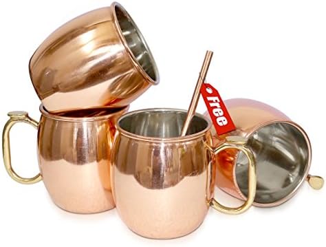 Rudra ® Moscow Mule Solid Copper Plating Mug 18 oz/532 ML - Set of 4, - Copper Plating Best Quality Lacquered Finish, Moscow Mule Cocktail Cup, Copper Mugs, Cocktail Mugs WITH FREE COPPER STRAW