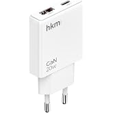 hkm tech EXTRA SLIM GaN 20W USB-A ve Type-C &Ccedil;ift Portlu Hızlı Şarj Aleti, Ultra İnce G&uuml;&ccedil; Adapt&ouml;r&uuml;, Beyaz