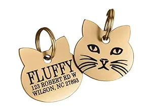 PETSAVIOUR Personalized Cat Tag, Custom Pet Tags for Cats, Laser Engraved Cat Name Tag Solid Brass - Stainless Steel Cat Tags (Brass)