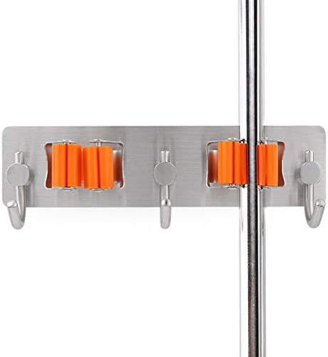 feierna Stainless Steel Mop and Broom Holder, 3M Self Adhesive Dual-Purpose Wall Mounted Mop Broom Organizer Bathroom Kitchen Garden Organizer Rack