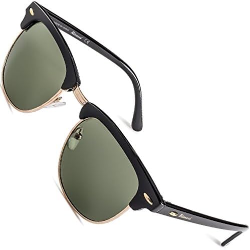 Rivacci Clubmaster Polarised Sunglasses for Mens and Womens - Retro Vintage Anti Glare Driving Glasses UV Protection – Gold Black G15 Green Gray Lens