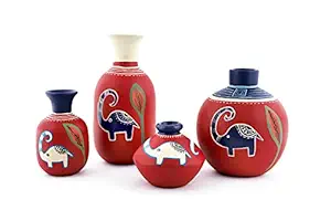 Thesoulartco Set of 4 Terracotta Handmade Hand Crafted Hand Painted Matte Finished Rustic Red Flower Vases with Beautiful Madhubani Elephant Motifs for Home Decoration Living Room and Gifting