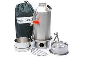 Kelly Kettle & Camp Poêle Ensemble: Includes.New Modèle Acier Inoxydable' Base '1.6 litres Bouilloire® + Vert Sifflet (Remplace The Orange Bouchon) + Hobo + Cook Set (Tout INOX) Camping