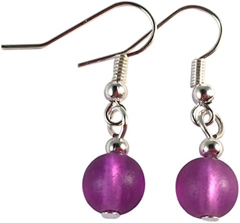 Frosted Purple Glass Bead Earrings, 8mm Matte Round Beads on Nickel Free Hooks : 32mm long, Handmade Drop Earrings for Women