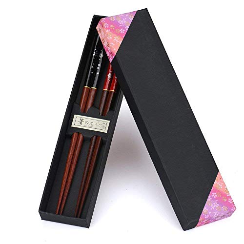 Leaptech Set de 2 Paires de Baguettes Japonais Nature Baguettes en Bois écologique dans Un Coffret Noble Coffret Cadeau (Noir Rouge - Fleur de Prunier)