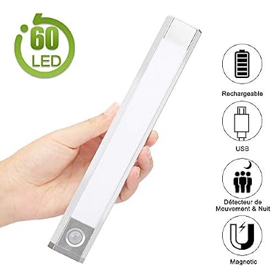 AUELEK Lampe Placard,AUELEK Lampe Led Multi-usages,Veilleuse 60 Led Détecteur de Mouvement USB Rechargeable avec Crochet et 3M Adhésives Bande Magnétique (2 Modes de Détecteur/3 Couleurs d'éclairage)