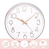 Jeteven® 30cm Rund Wanduhr Kinderuhr mit geräuscharmem Uhrwerk mit schleichender Sekunde groß Quarz-Wanduhr ohne Tickgeräusche modern für Wohn- /Schlaf- / Kinderzimmer Büro Cafe Restaurant (Rosegold)