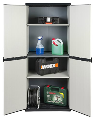 Vorteilspack: 2 Schränke aus robustem Kunststoff in hellem Grau. Ein Universalschrank mit 3 Böden, ein Spindschrank mit Besenfach. Jeder Schrank mit Maß: 68 x 39,5 x 168 cm. TOPP! - 6