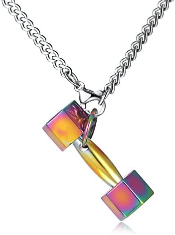 GEXU Men’s Necklace Fitness Dumbbell Stainless Steel Necklace Sports,Gift Box (Colorful)