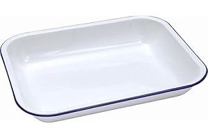 HOCHSTE® Falcon Enamel Bakepan Traditional White Oblong Shape Traditionally Enameled with Blue Rim Roasting Tray, Oven & Dishwasher Safe, Heavy-Gauge Steel White 1 Pack - 31x25x5cm