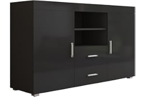 ‎MB MUEBLES BONITOS MB Muebles Bonitos | Modernes Sideboard Wohnzimmer oder Esszimmer | Breite 140 x Höhe 80 x Tiefe 40 cm | Glänzendes Schwarz Finish | 2 Türen | 2 Schubladen | TV-Möbel | Modell Roque