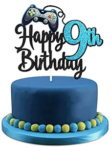 FestikoVideo Game Happy 9th Birthday Cake Topper - Video Game Boys 9th Birthday Party Blue Cake Supplies - Game On Level Up Winner Party Decoration