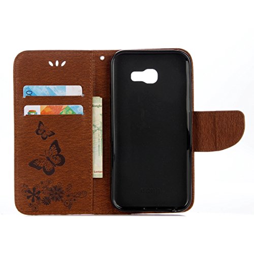 Galaxy A5 2017 Hülle,Samsung Galaxy A5 2017 Blumen Case,JAWSEU Retro Prägung Schmetterling Blumen Muster Kunstleder PU Leder Strap Brieftasche Bookstyle Magnetverschluss Schutzhülle Handytasche Case Cover Etui mit [Ständerfunktion] und [Kartenfächer]für Samsung Galaxy A5 2017+1xSchwarz Glitzer Bling Eingabestift-Braun Schmetterling - 2