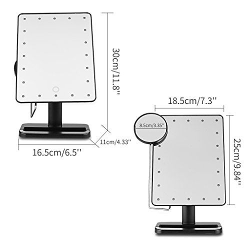 Ovonni L208 LED Touch Screen Kosmetikspiegel mit 10X Lupe 20 LEDs beleuchteter Schminkspiegel Rasierspiegel Dimmbar Batteriebetrieben schwarz - 3