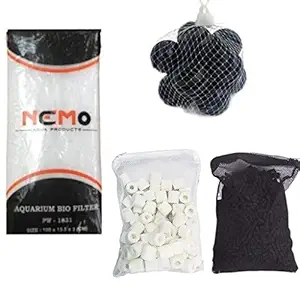 Petzlifeworld Aquarium Filter Media with Sponge Combo (Ceramic Ring 500G, Activated Carbon 500G, 25 Bio Balls & 3 Feet Nemo Sponge)