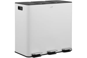 CASABEL Poubelle Tri Sélectif 3x20L, Acier Inox Blanc, Poubelle 60L Cuisine Recyclage Rectangulaire à Pédales, Anti Traces, Anti Odeurs, Systèmes de Tri des Déchets, Poubelle Tri Selectif 3 Bacs
