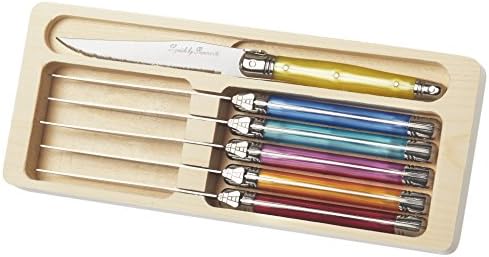 Set of 6 Colourful Laguiole Steak Knives With Coloured Handles in Wooden Tray