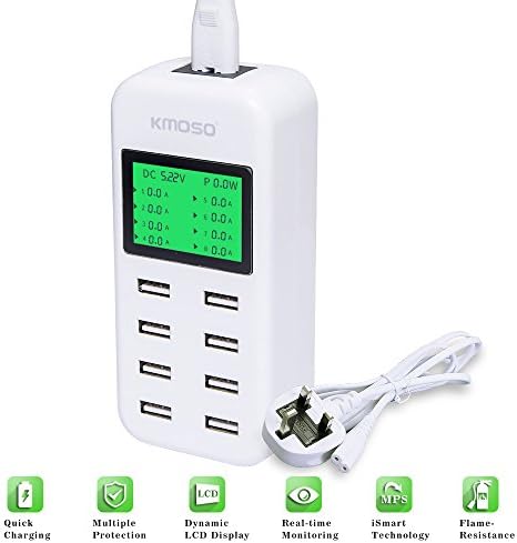 kmoso 8-Port USB Charger Station Desktop Upgraded Smart Multi Wall Charging Hub with LCD Display iSmart Technology (UK Plug 3-pin)