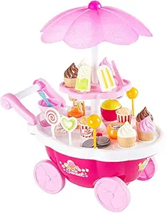 Bluebell Ice Cream Cart, Battery Operated Pretend Play Trolley with LED Lights and Sound, Lollipop, Candy, Chocolates and Snakes- Best Gift for Girls Kids 3-7 Years (39 Pcs)