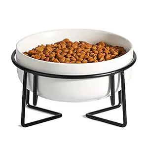 MSBC Ceramic Raised Cat Bowl with Metal Stand, Non-Slip Elevated Pet Feeder, Tilted Food and Water Feeding Bowl for Cat, Kitten, Small Dog, Protect Pet's Spine, Anti Vomiting, Dishwasher Safe, White