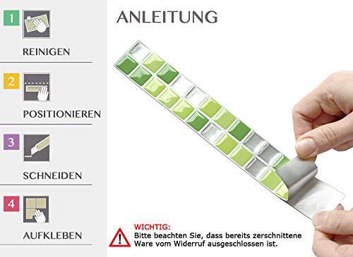 7 Stück 25,3 x 3,7 cm Wandora selbstklebende 3D Mosaik Fliesenaufkleber W1435 hellgrün grün silber - 6