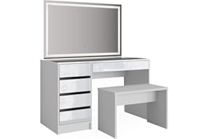 Vicco tavolo da toeletta Sherry, Bianco lucido, 120 cm con specchio a LED e panca