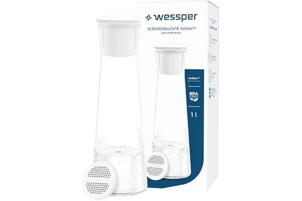 Wessper Carafe Filtrante en Verre, 1 LItre, Carafe à eau avec Cartouche Filtrante Actitex Disc, Carafe eau en Verre avec Couvercle pour l'eau et les Boissons Froides, Sans BPA
