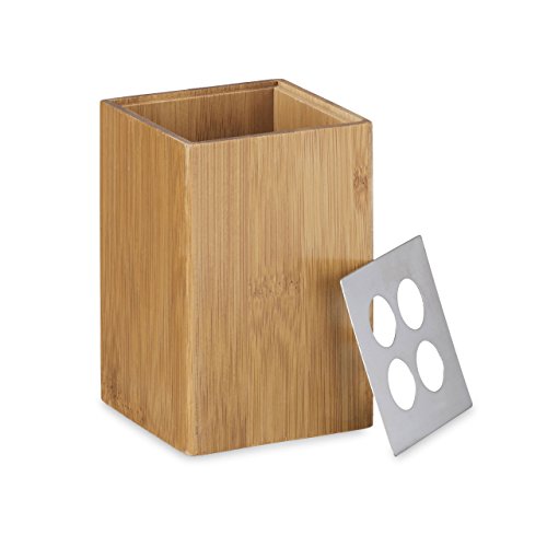 Relaxdays Bad-Accessoires-Set 4-teilig, Bambus, Zahnbürstenhalter, Seifenspender, Seifenablage, Behälter,natur - 4
