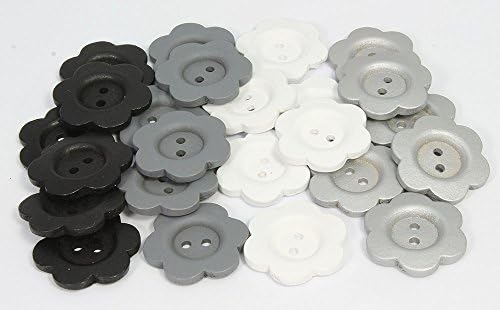 Small Wooden Flower Button pack - Monochrome Colour Mix - 24 Button pack