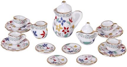 SUOSI 15 Pcs Dollhouse Tea Set Miniature Floral Porcelain Dining Tableware Ceramic Tea Set Pink
