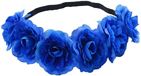 Quistal Women Bride Rose Flower Crown Wedding Festival Headband Hairband Floral Garland Headpiece Hairband for Party Becah (Blue)