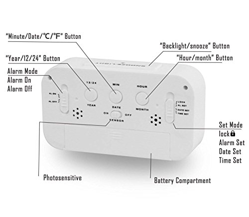 LED Digitaler Wecker VPOWER® Großer Display, Schlummertaste, Datumsanzeige, Temperatur und Sensor Licht Weiß - 3