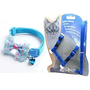 Dog Trust 1Pc Cat Collars with Bow Tie 1Pc Cat Body Harness Leash Nylon Set 10mm Adjustable Puppy Kitten Or Puppy Necktie Collar, Combo Pack of 2 (Color May Vary) (Blue Cat Tie and Harness Set)