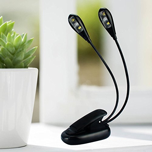 Preisvergleich Produktbild ECOLUX® Wiederaufladbare 4-LED Buchlampen, LED Leselampe, LED Klemmleuchte, LED Klemmlampen, tragbare Notenpultleuchten - Doppelköpfe mit flexibel Schwanenhals, kaltweiß max 12 Stunden, 4-Stufe Helligkeit, inklusiv AC Adapter und USB-Kabel,Schwarz [Energieklasse A+]