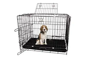 Pups&Pets Double Door Folding Metal Cage with Paw Protector for Dog & Cat - 24 Inch - Silver Black