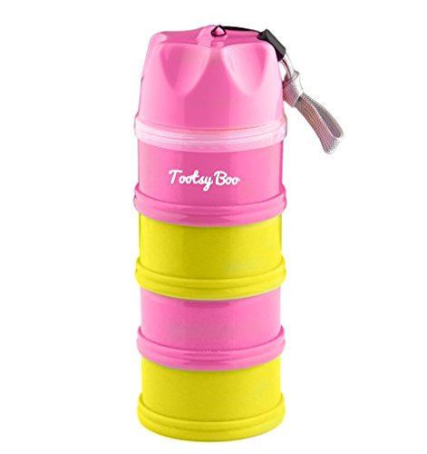 Tootsy Boo Formula Milk Powder Dispenser and Snack Container ? up to 4 feedings ? complete separation of formula between compartments ? straps on to buggy handle for easy carry ?easy funnel dispense mechanism ?secure screw-on lid ?ideal for travel and home ?can multi-function as baby snack pot, baby food container, pacifier holder and nipple shield case (Pink)