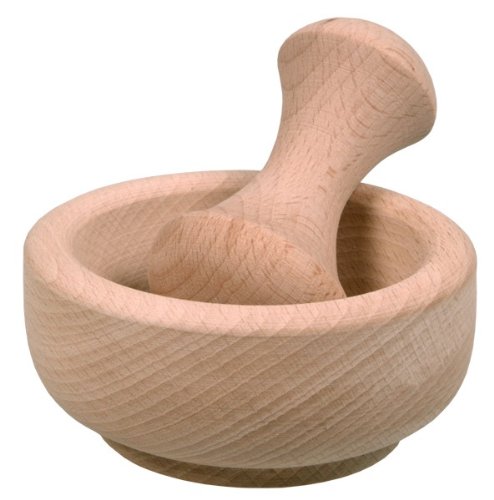 Mörser mit Stößel aus Holz flach