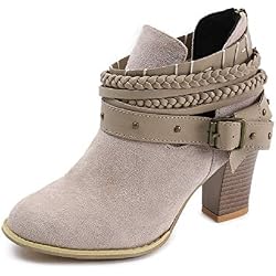 Mujer Botas con Tacón Cuña Altos Cremallera Otoño Chelsea de Vestir Piel Transpirable Botines Zapatos de Tacón Fiesta Hebilla Calzado Romano 8cm Gris 37