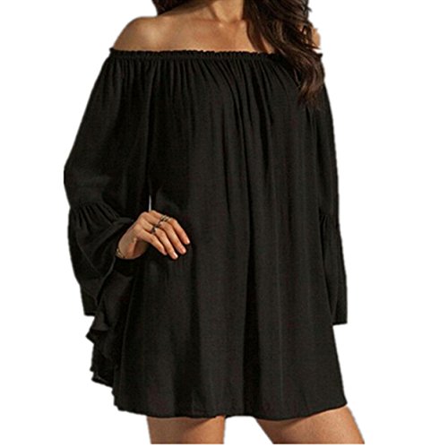 ZANZEA Women's Sexy Long Sleeve Off Shoulder Beach Wear Mini Top Dress Black L