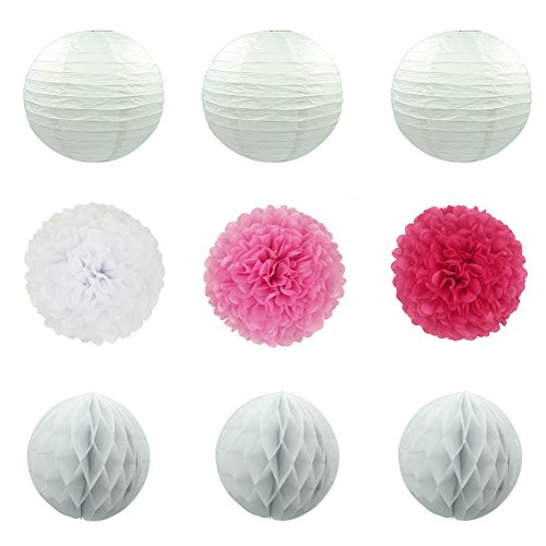 MOONPOP DIY Pom Poms Deko 9 Set – Inhalt 3x Paper Flower Ball 10“, 3x weiße Laternen 10“ und 3x weiße Wabenbälle 8“ für Hochzeit Geburtstag Party Hause Deko (Pink Serie) - 2