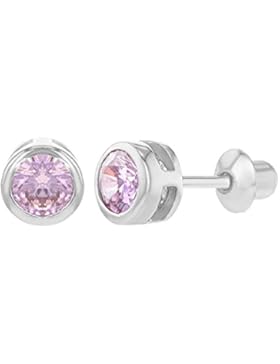 In Season Jewelry Baby Mädchen - Schraubverschluss Ohrringe Lünette Rund 925 Sterling Silber Rosa CZ Zirkonia...