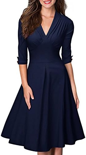 SZ1024 Women's Casual Retro Deep-V Neck Half Sleeve Vintage Cocktail Swing Dress (Medium, Navy Blue)