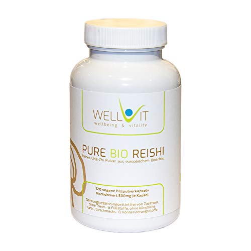 Pure Bio Reishi 120 capsule per 500 mg di Ling-Zhi, da agricoltura biologica dell'UE, vegan, senza additivi artificiali