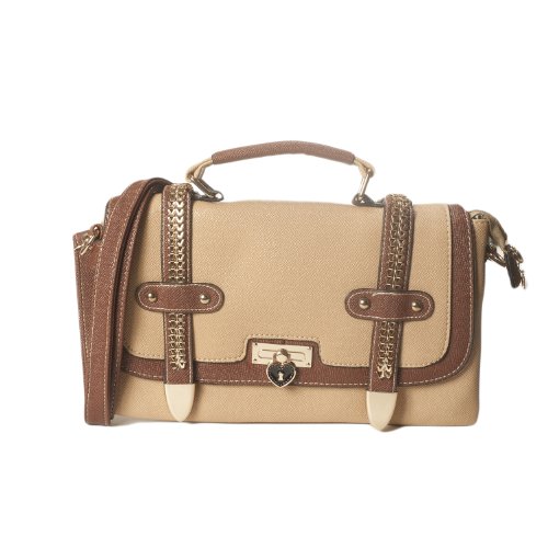Preisvergleich Produktbild Trendige Damentasche, Handtasche aus Kunstleder mit Goldapplikationen, in edler hellbrauner Kunstleder Optik, Satchel Bag, Kunstleder-Look, kurze Henkel, Schulterriemen, Steckschloss und Reißverschluss, hell vergoldete Elemente, Farbe: Hellbraun, von Marke Incutex