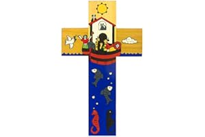 WOOD CROSS Noah's Ark Cross - 12 cm Christian Hand Painted Cross - Baptism Gift