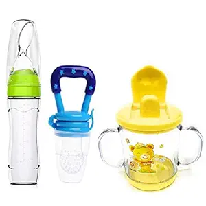 Manan Shopee Baby Cerelac Rice Paste Food Feeder with Baby Fruit Nibbler & Spout Sipper (Combo) (Green/Blue/Yellow)