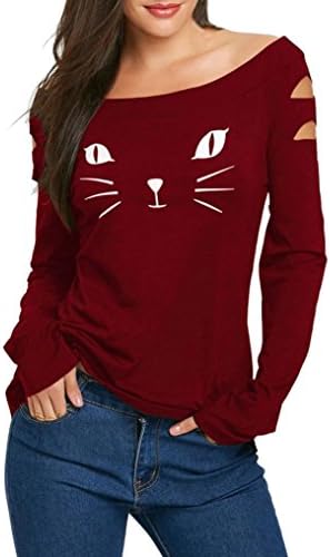 Sale Clearance/Bestoppen Women Ladies Sexy Long Sleeve Cold Shoulder Cat Print Cotton T-Shirt Top Casual Crewneck Blouse Jumper Lovely New Look Kawaii Cat Print Top Shirt For Women Girls (S, Red)